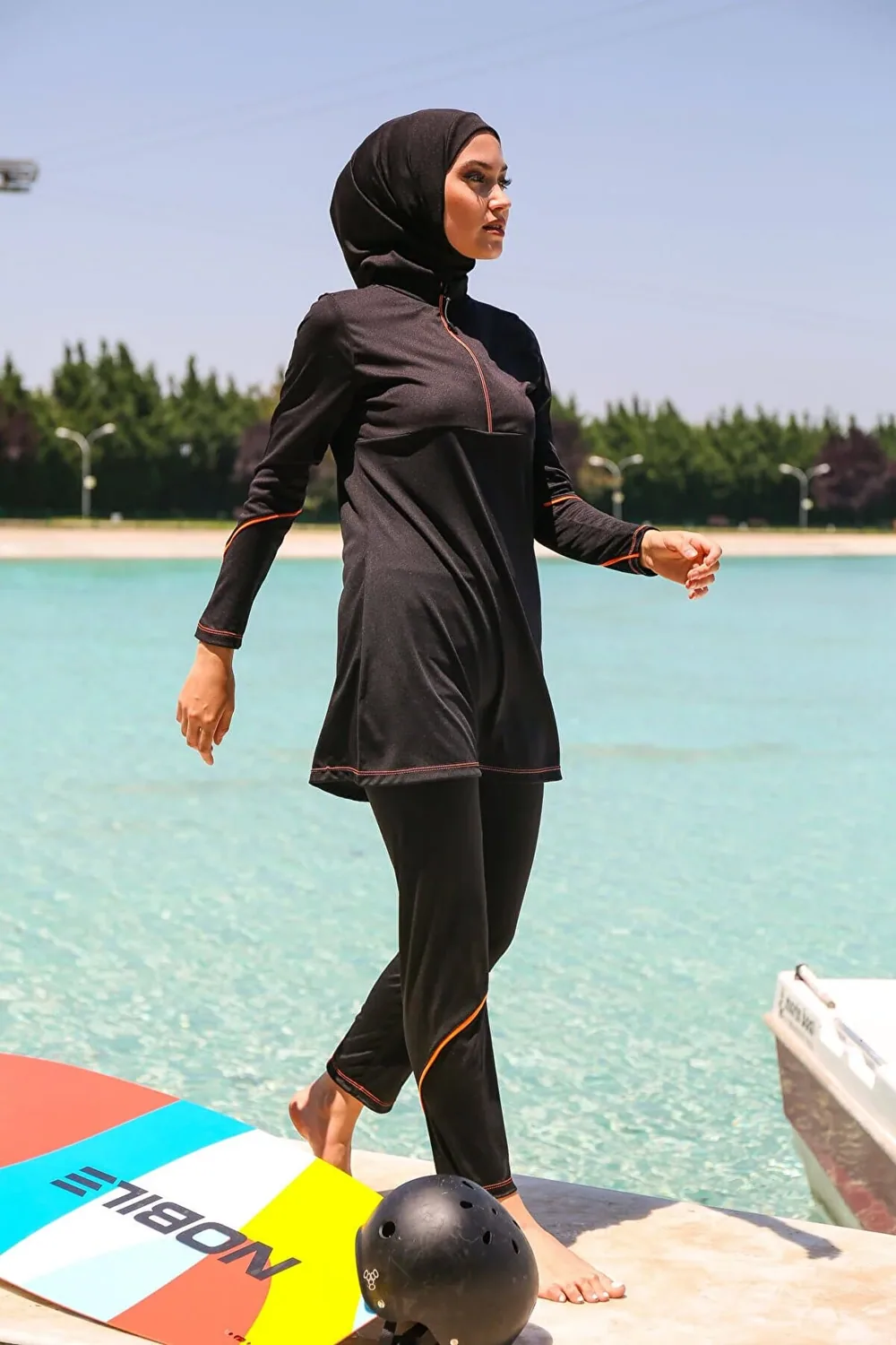 مايوه شرعي كامل أسود بتصميم رياضي من ثلاث قطع - صورة 3