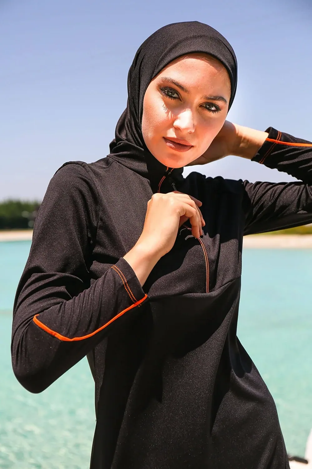 مايوه شرعي كامل أسود بتصميم رياضي من ثلاث قطع - صورة 4