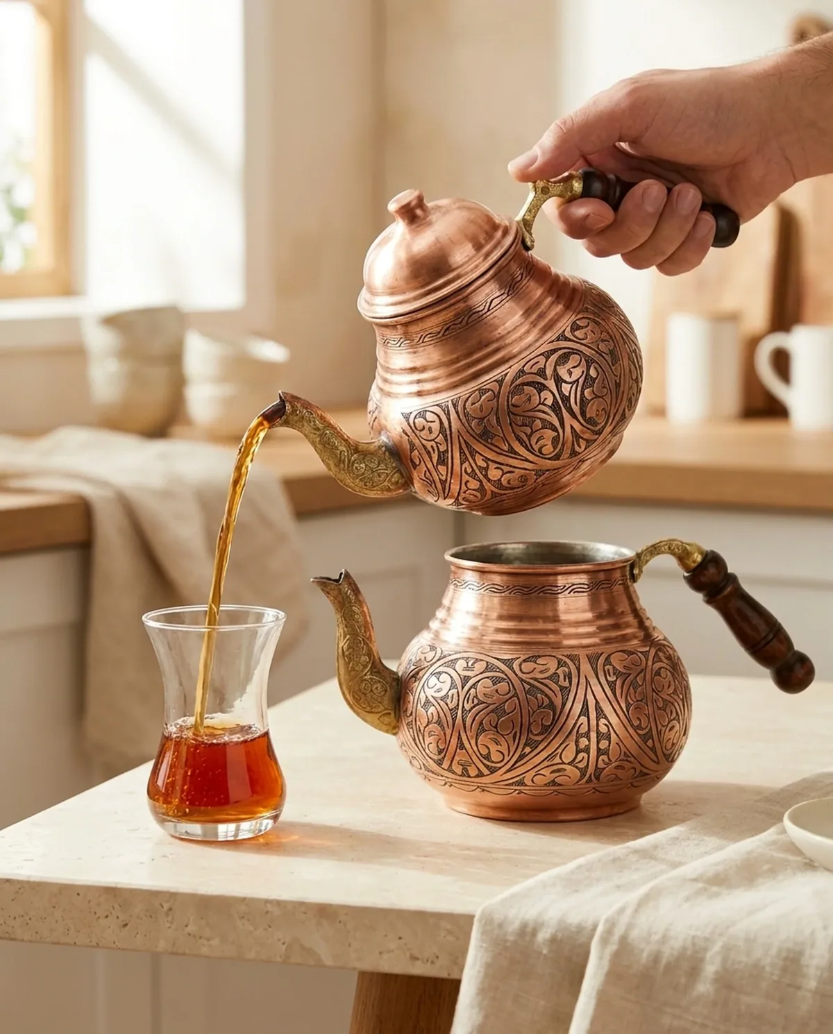 إبريق شاي تركي نحاس أحمر بنقش رومي ومقابض خشب - صورة 3