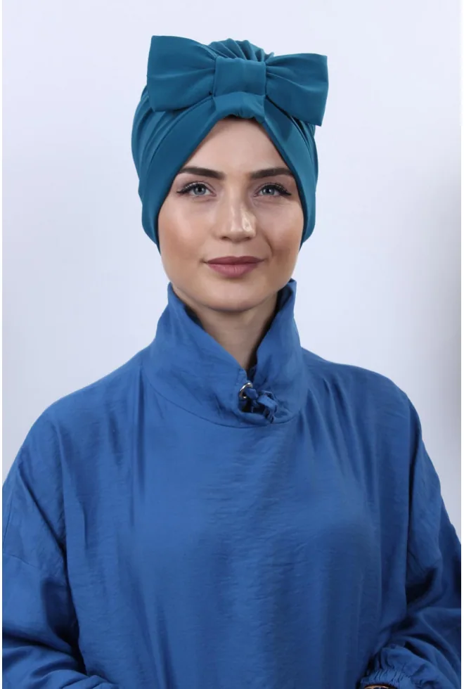 بونيه بفيونكة كبيرة بوجهين أزرق بترولي