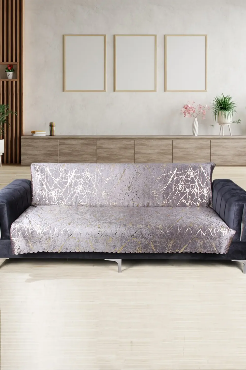 غطاء كنبة بنقشة رخامية وخطوط ذهبية مانع للانزلاق 170×210