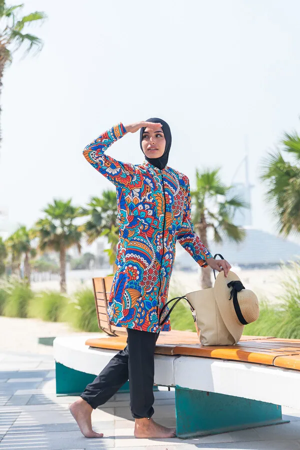 مايوه شرعي كامل بغطاء أمامي وخصر مطاطي بنقشة ملونة - صورة 3
