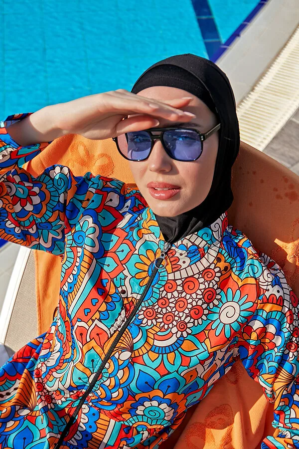 مايوه شرعي كامل بغطاء أمامي وخصر مطاطي بنقشة ملونة - صورة 4