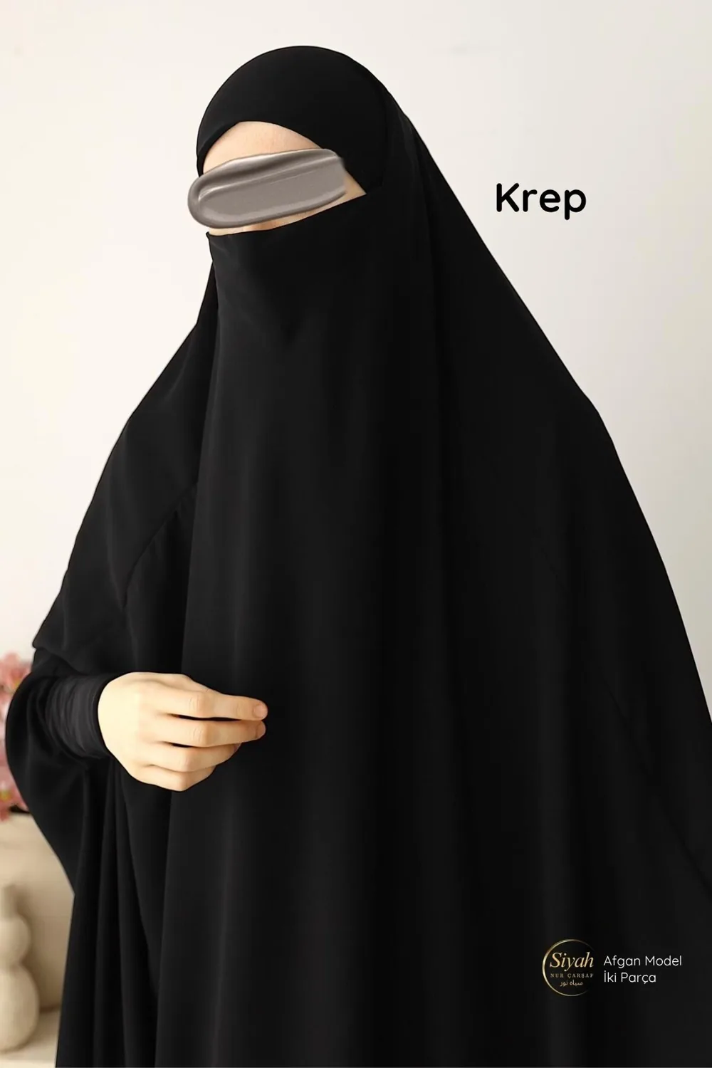 جلباب أفغاني قطعتين بأكمام ساندي كريب أسود - صورة 2
