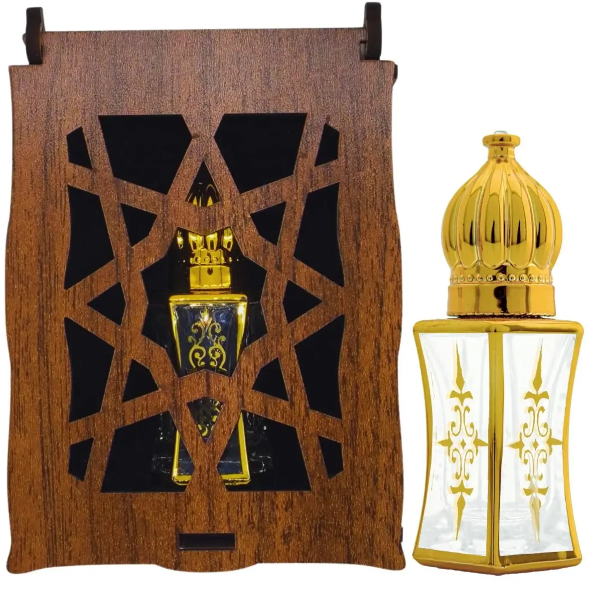 زيت عطر المسك الأبيض بدون كحول في قارورة بيضاء بخصر ونقوش ذهبية 10 مل مع صندوق خشبي