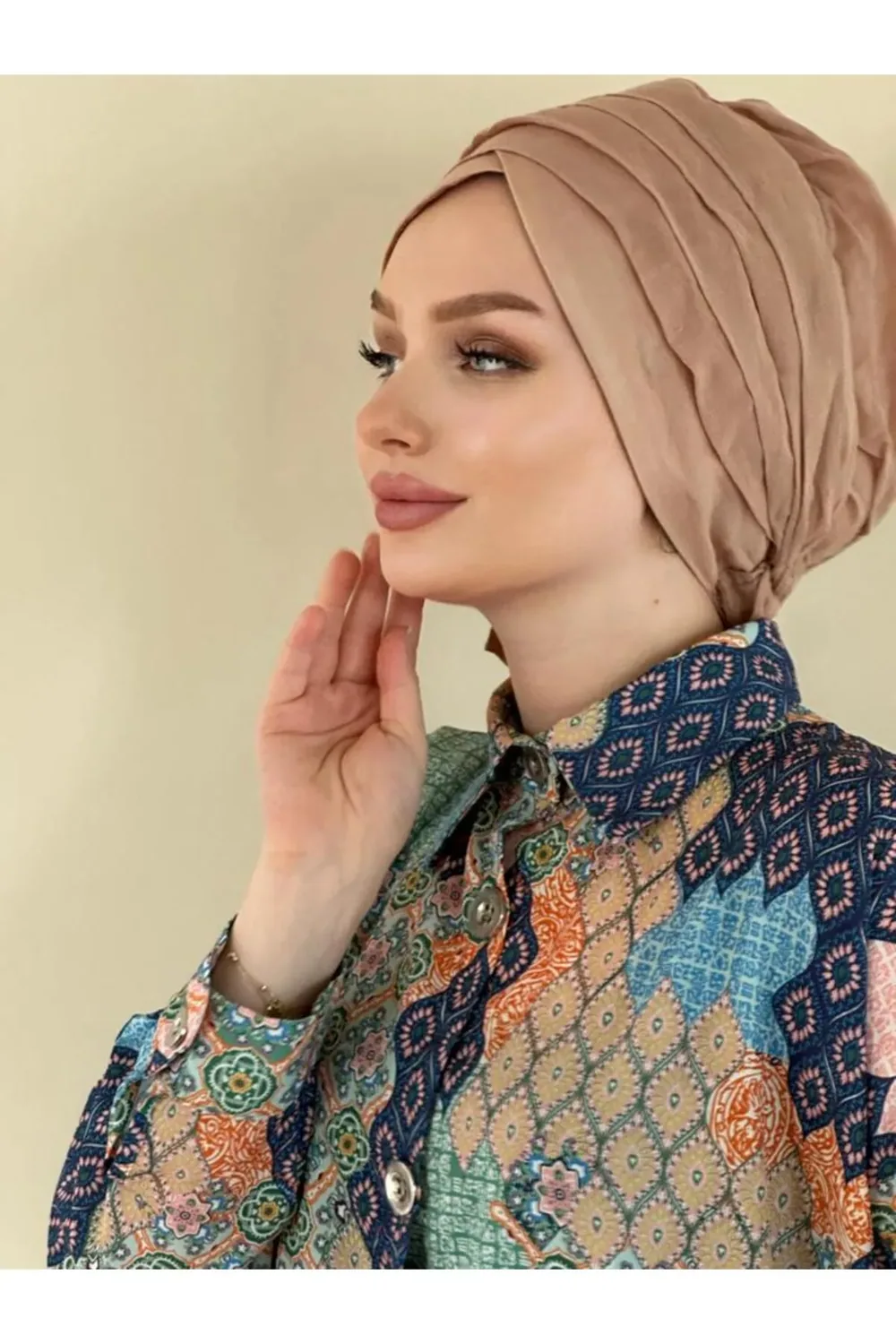حجاب جاهز قطني بطيات مطوية وردي ترابي - صورة 2