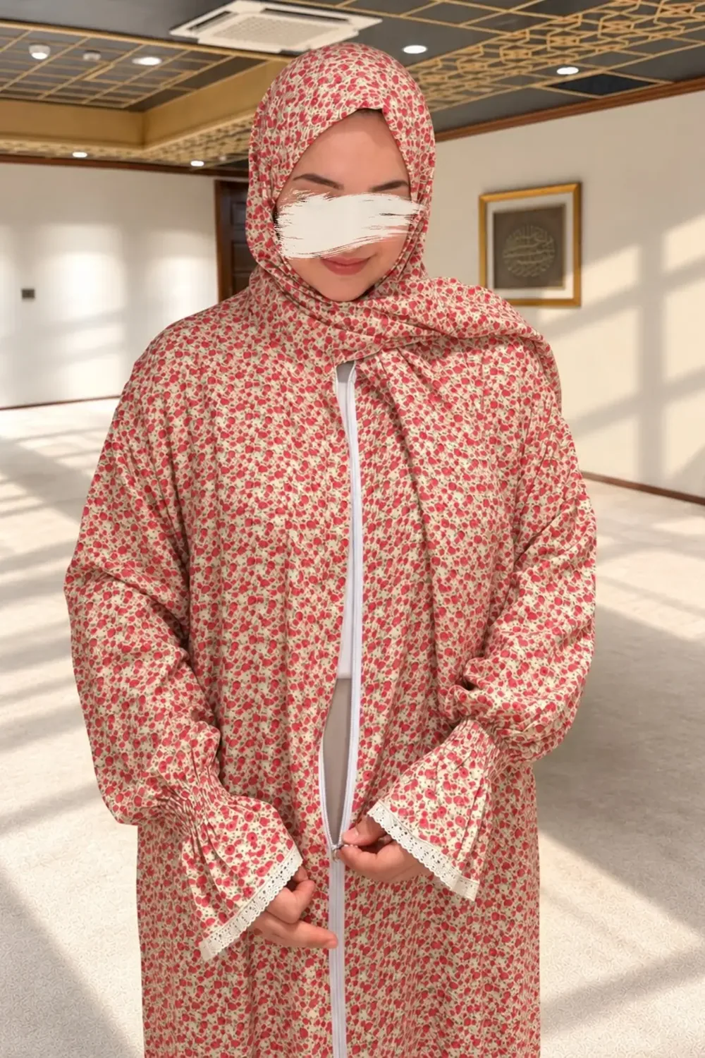 ثوب صلاة منقوش بالزهور بخمار متصل وسحاب - صورة 3