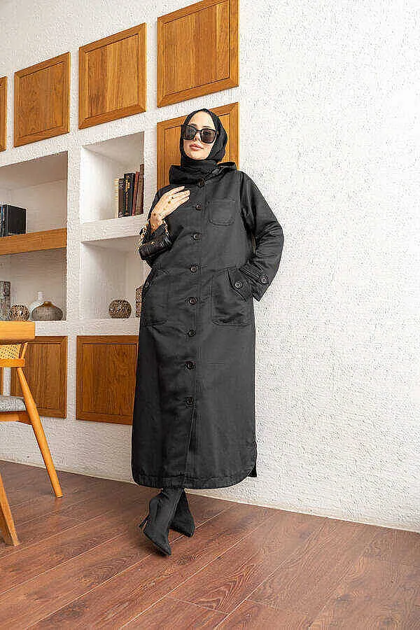 معطف كاب مبطّن بقبعة بلون أسود - صورة 2