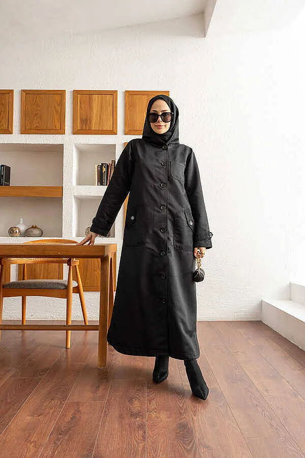 معطف كاب مبطّن بقبعة بلون أسود - صورة 3