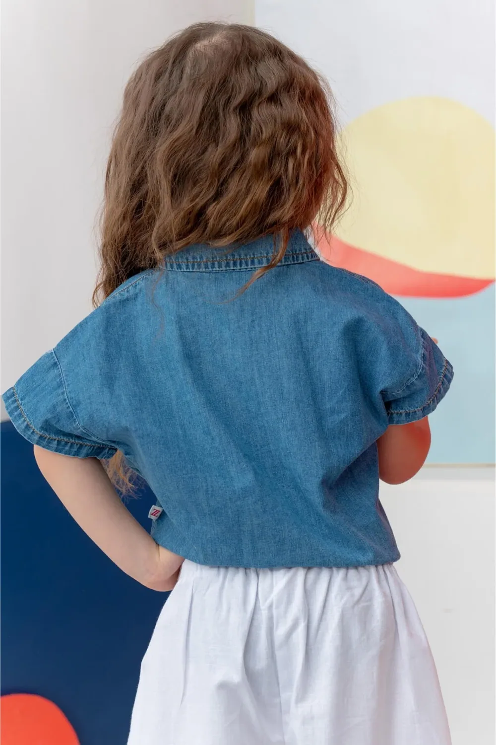 قميص بنات جينز قصير الأكمام برباط - صورة 2