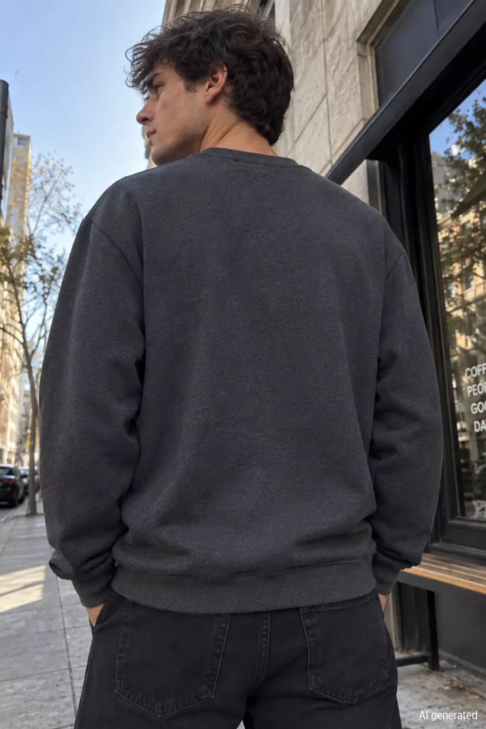 سويت شيرت أساسي مبطن بالزغب بياقة دائرية رمادي داكن - صورة 2