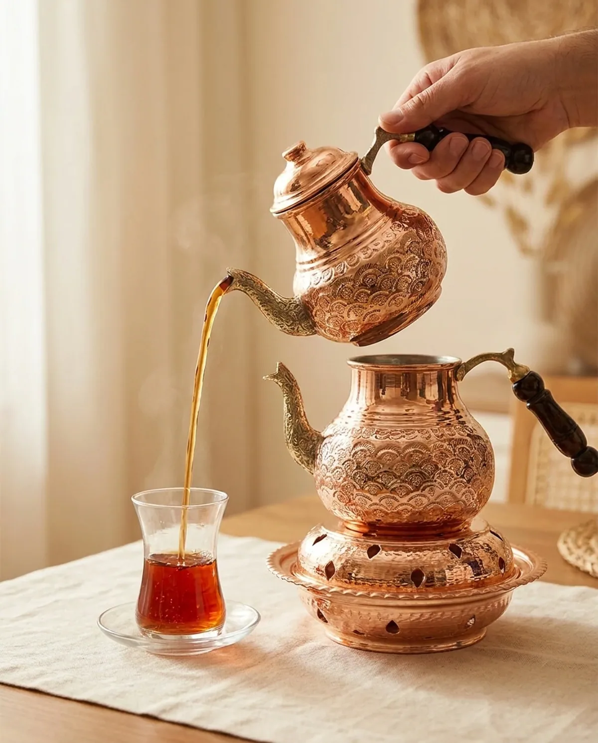 إبريق شاي نحاس أحمر بموقد ونقش أقحوان - صورة 3