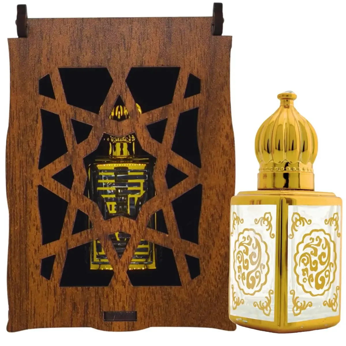 زيت عطر المسك الأبيض بدون كحول في قارورة مربعة بيضاء بزخارف ذهبية 13 مل مع صندوق خشبي