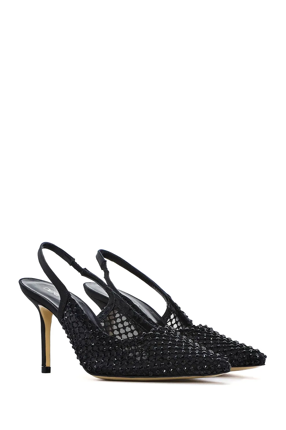 حذاء نسائي أسود مفتوح من الخلف مزين بالأحجار بكعب رفيع - صورة 3