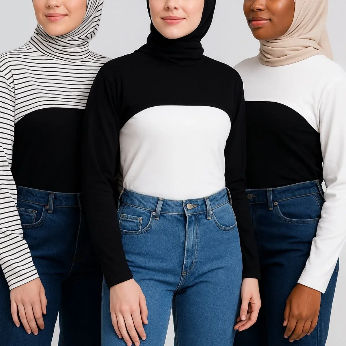 طقم بينيه أسود وأبيض ومخطط بياقة عالية وأكمام طويلة - صورة 2