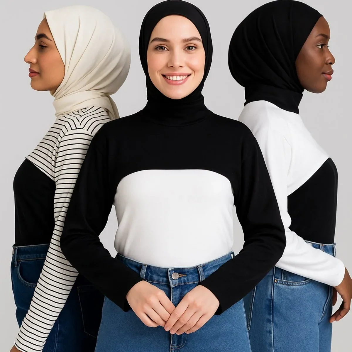 طقم بينيه أسود وأبيض ومخطط بياقة عالية وأكمام طويلة - صورة 4