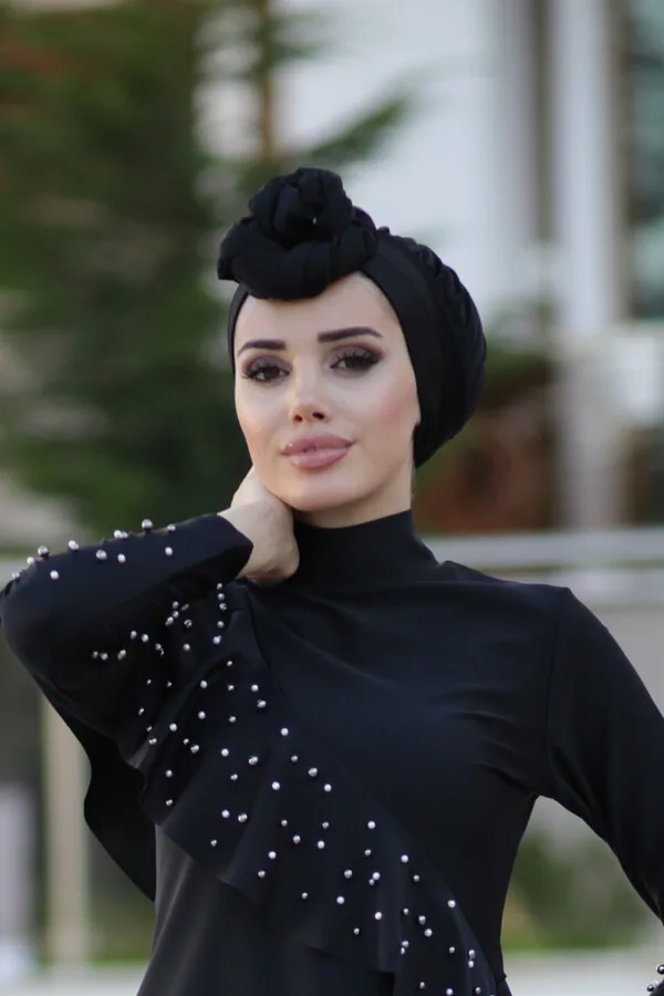 غطاء سباحة أسود منقط بياقة عالية وعقدة أمامية - صورة 4