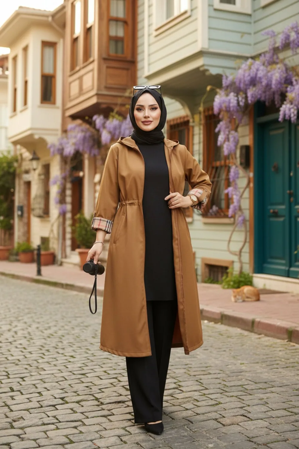 ترنش منقوش بقبعة وأكمام قابلة للطي تبغي