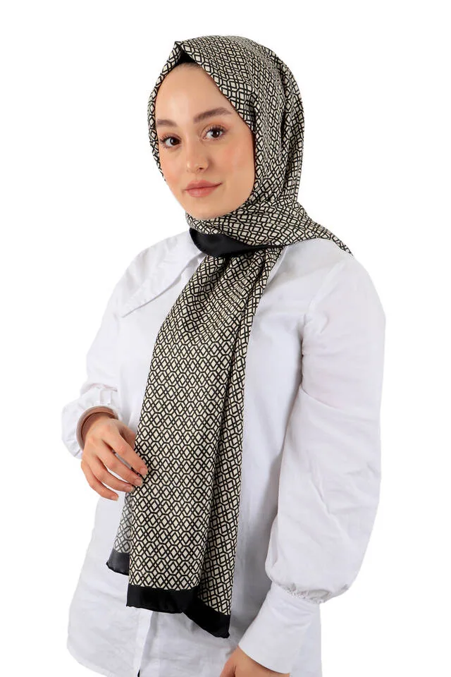 شال حرير تويل أسود بنقش خلية النحل 70×195 سم - صورة 3