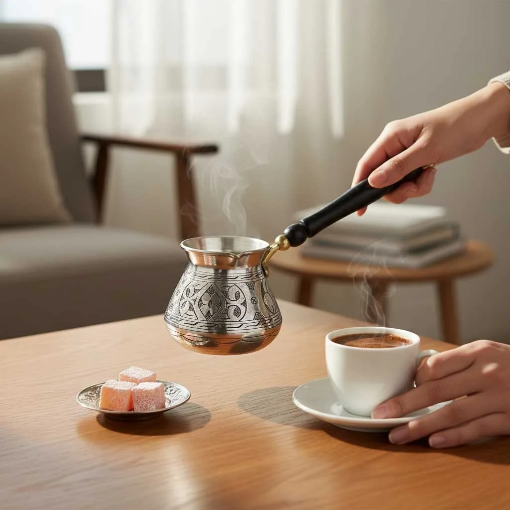ركوة نحاسية مزخرفة مستديرة لسبعة فناجين