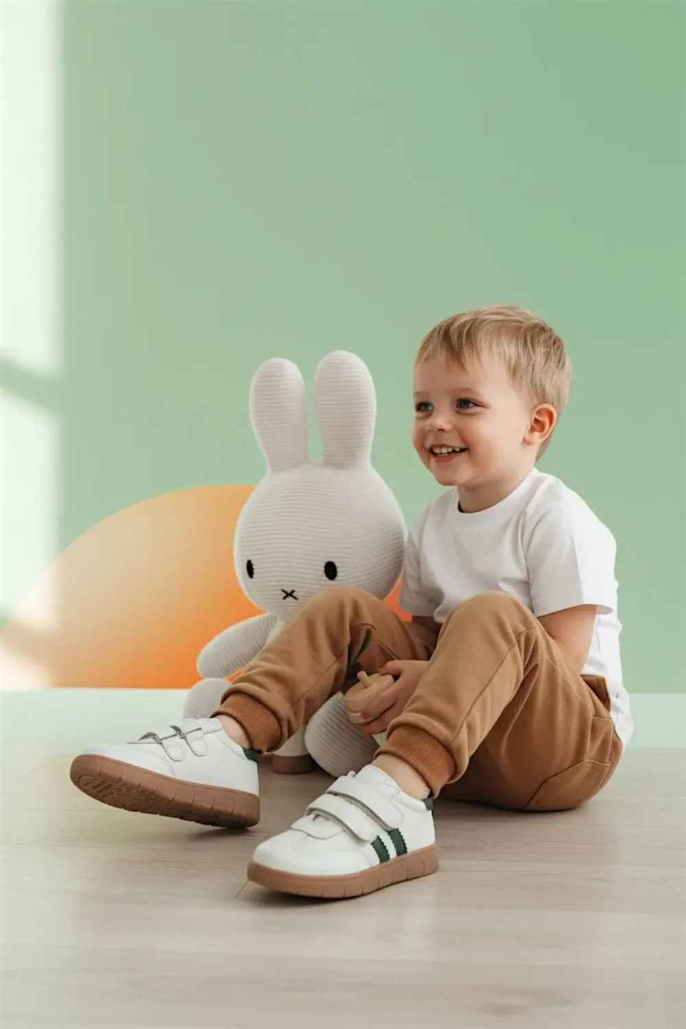 حذاء رياضي طبي للأطفال من الجلد الطبيعي بخطوط، زيتي - صورة 2