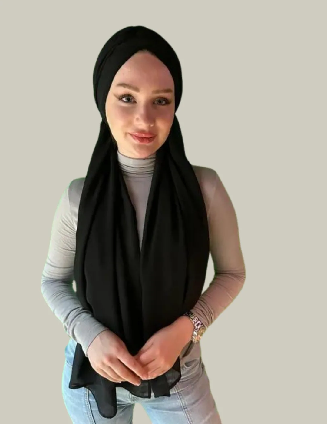 حجاب جاهز بشال شيفون طويل أسود مشغول يدويًا