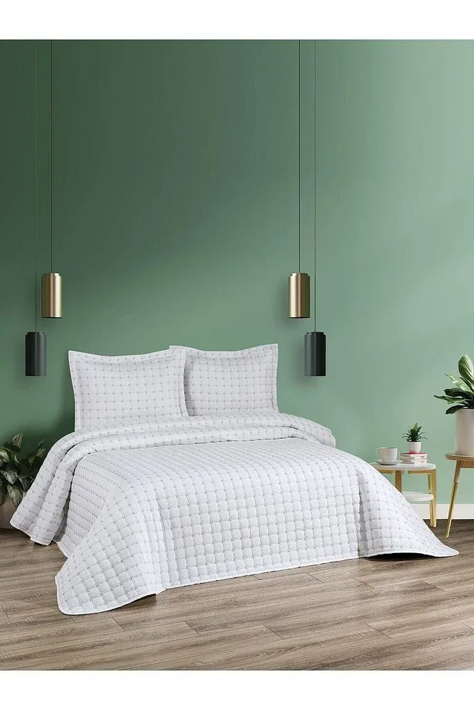 طقم غطاء سرير مضرب 3 قطع 235×250 كريمي ورمادي