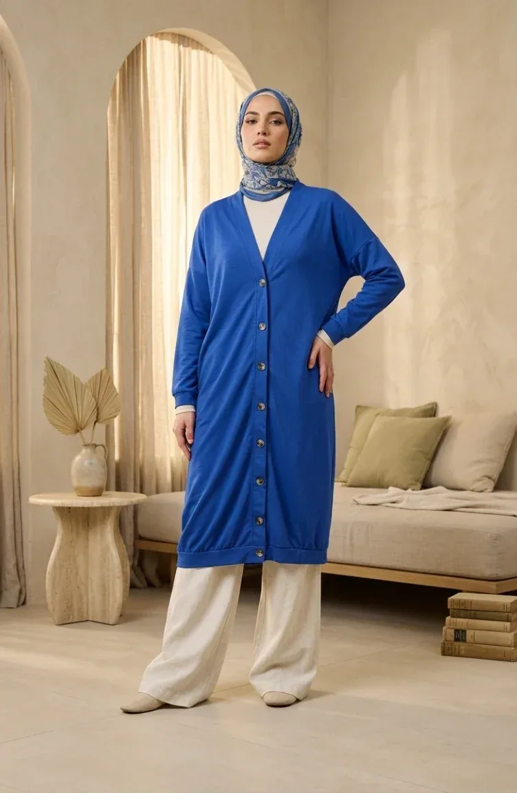 كارديغان طويل بأزرار أزرق ملكي
