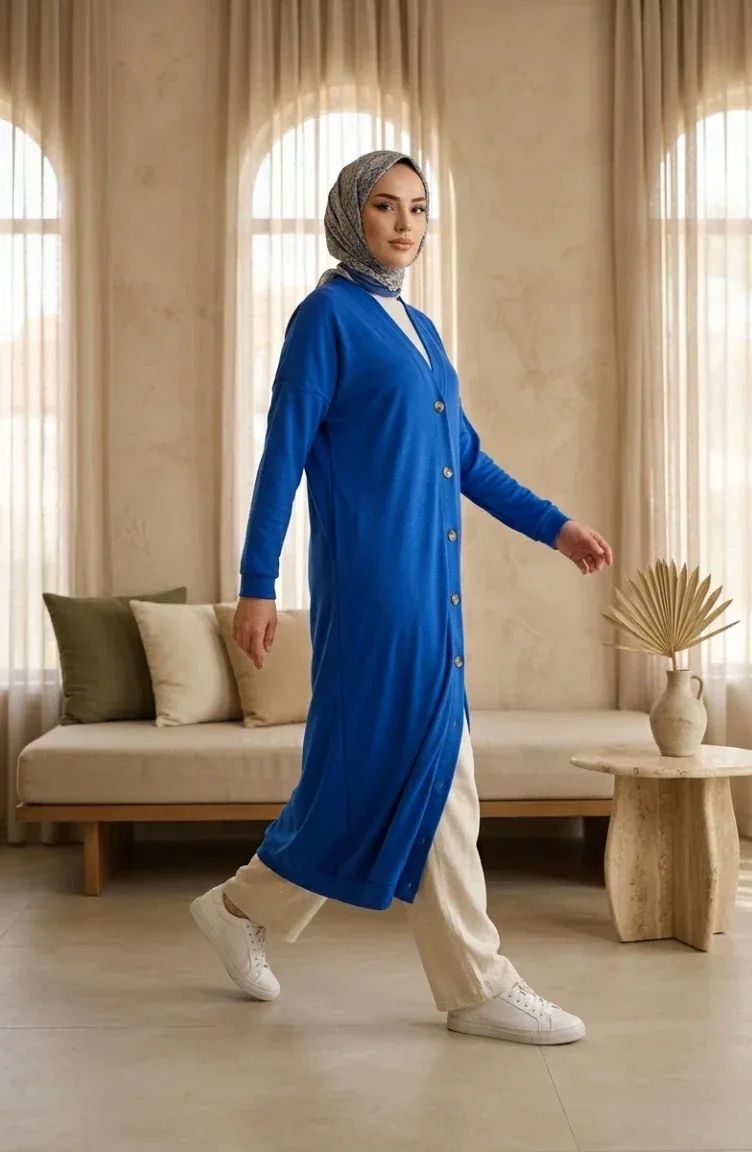 كارديغان طويل بأزرار أزرق ملكي - صورة 2