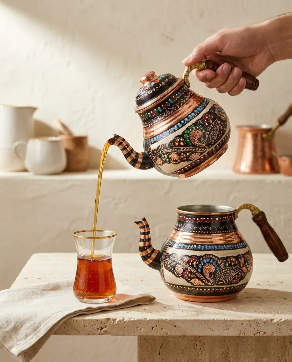 إبريق شاي نحاسي أسود بزهور ملونة ومقبض خشبي - صورة 3