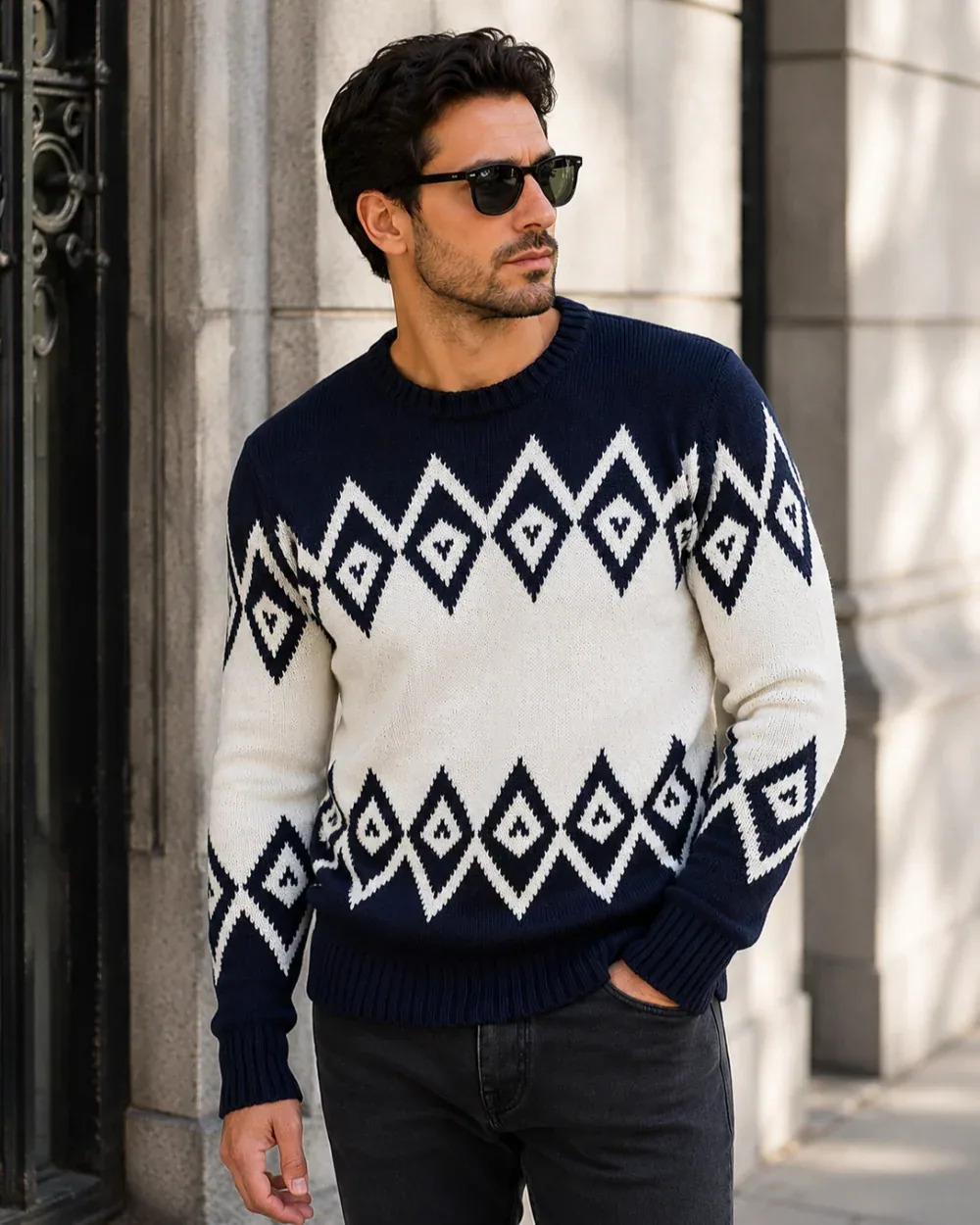 كنزة تريكو بنقشة جاكار وياقة دائرية كحلي