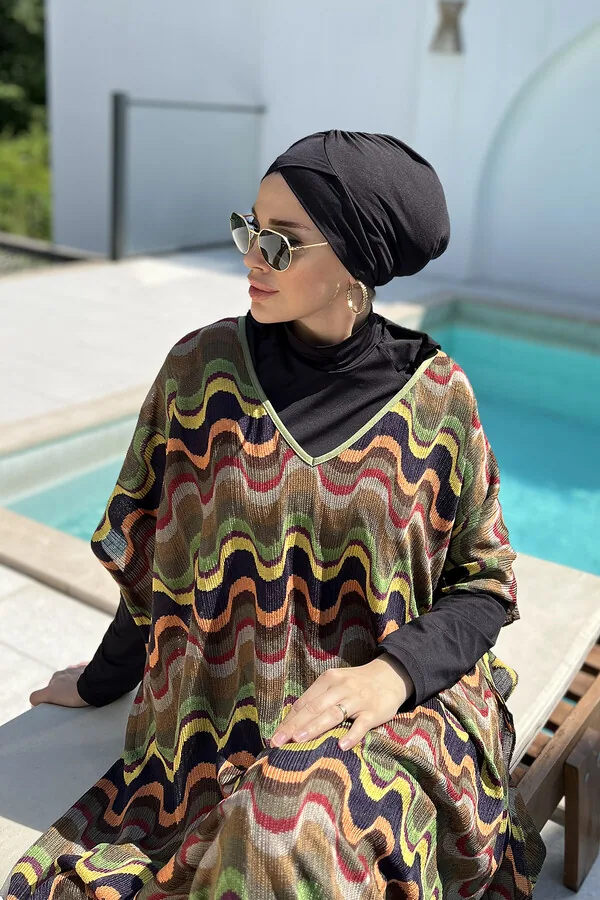 كافتان طويل محبوك بنقشة متعرجة ملونة - صورة 2
