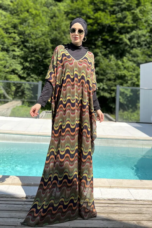 كافتان طويل محبوك بنقشة متعرجة ملونة - صورة 3