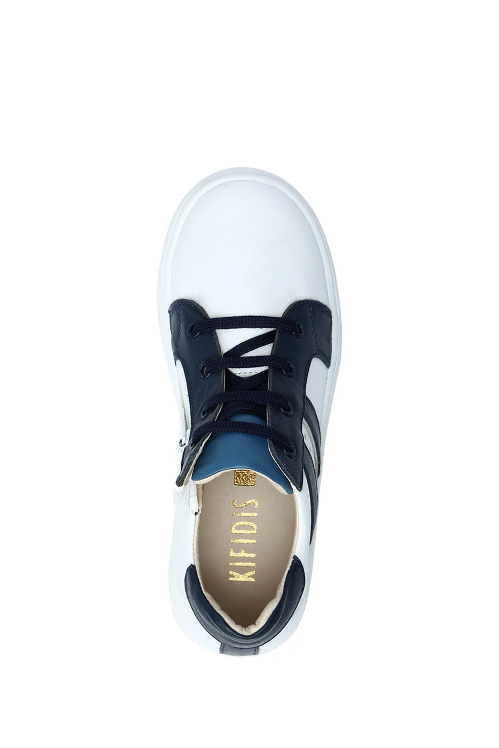 حذاء أطفال جلدي برباط وخطوط ذهبية - أبيض وكحلي - صورة 3