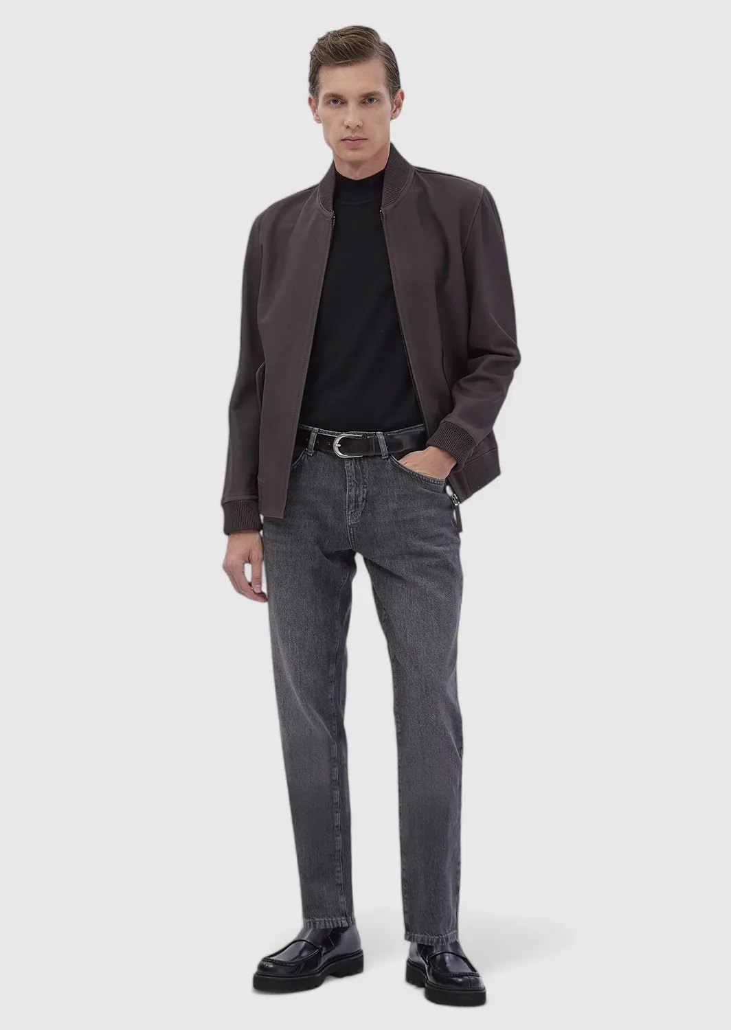جاكيت جلد رجالي بياقة عالية عنابي - صورة 2