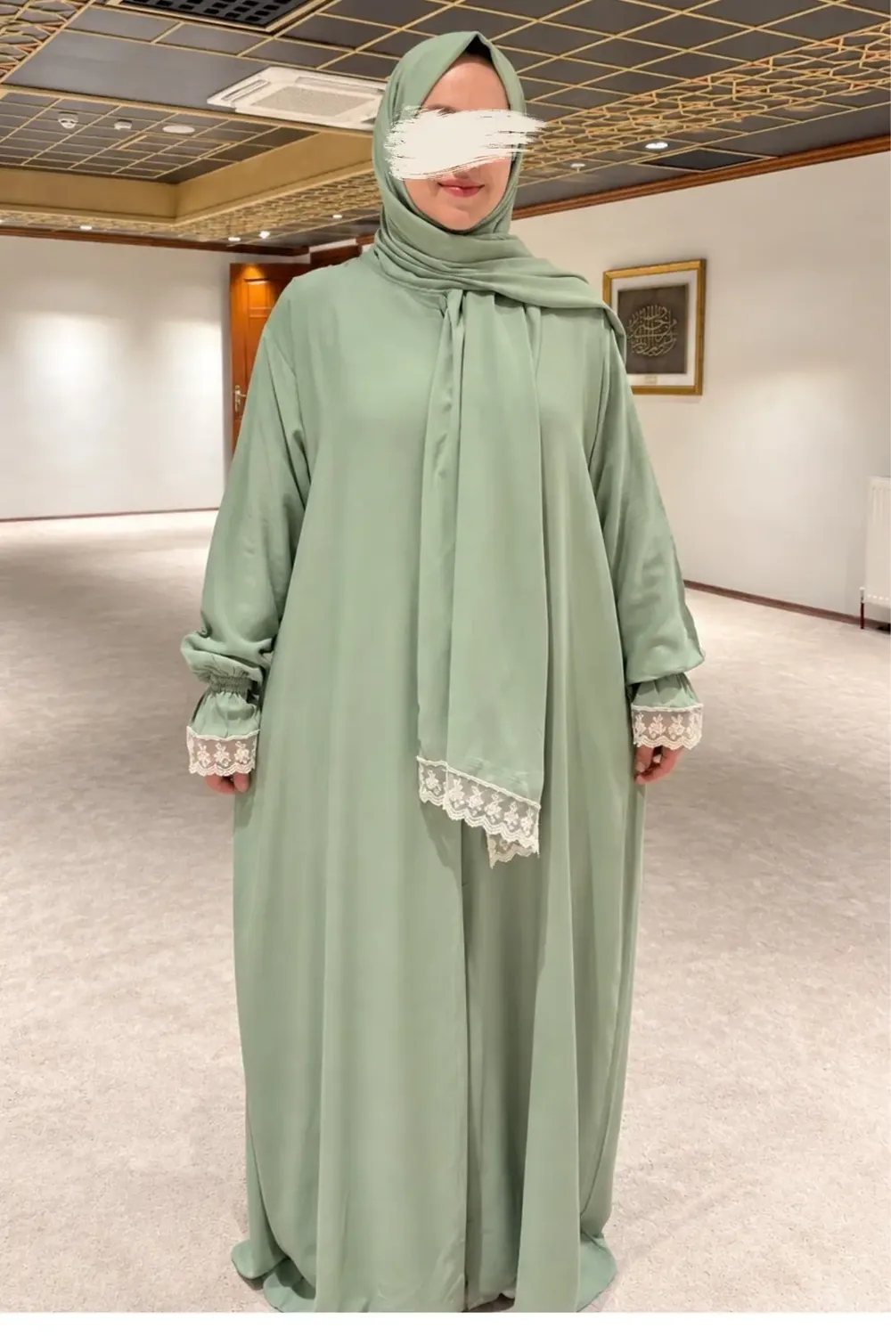 ثوب صلاة قطعة واحدة بخمار متصل قطن فسكوز أخضر - صورة 2