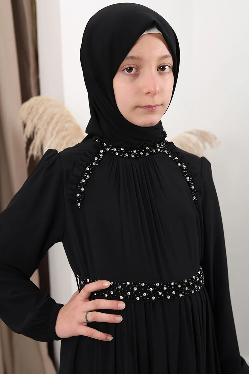 فستان سهرة بنات محتشم من الشيفون لون أسود - صورة 2