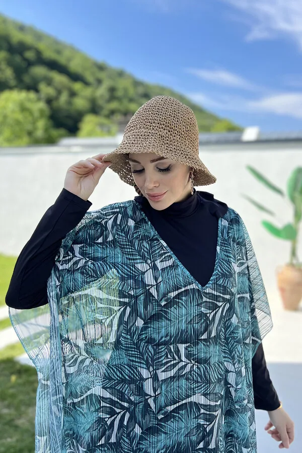 كافتان شاطئ بنقشة أوراق خضراء وزرقاء - صورة 4