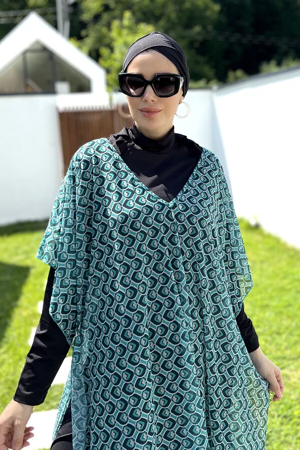 كافتان قصير بنقشة متعرجة فيروزية