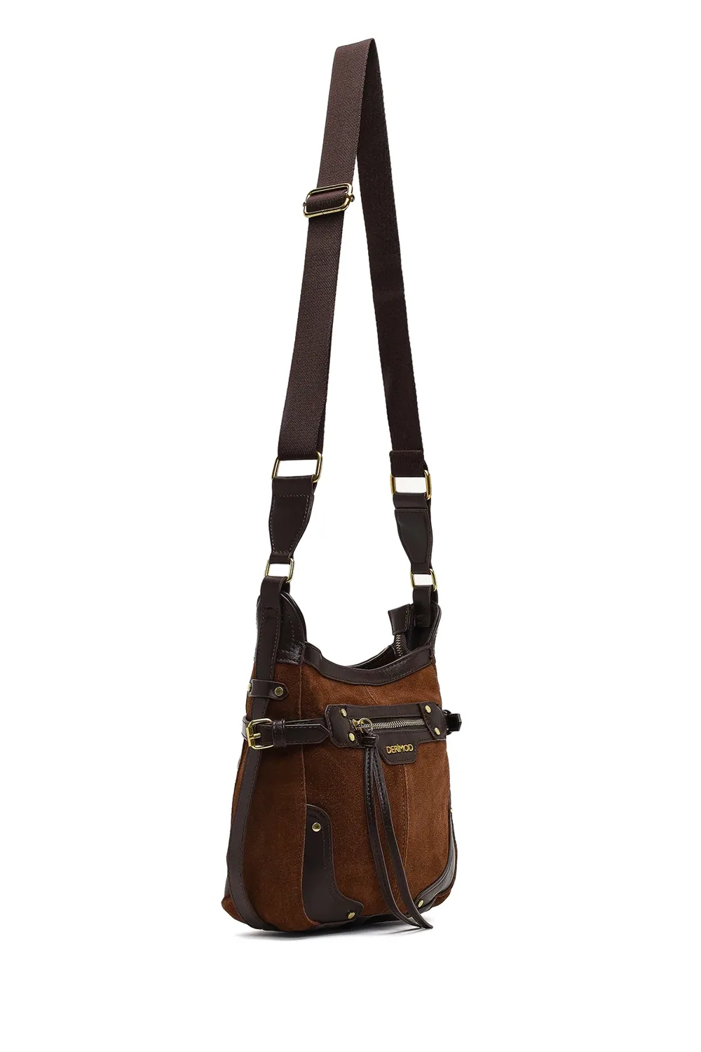 حقيبة كروس نسائية شمواه بنية بسحّاب وحزام طويل - صورة 2
