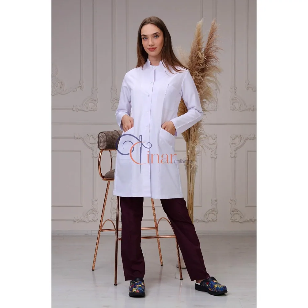 معطف طبي نسائي أبيض طويل بياقة صينية من الألباكا