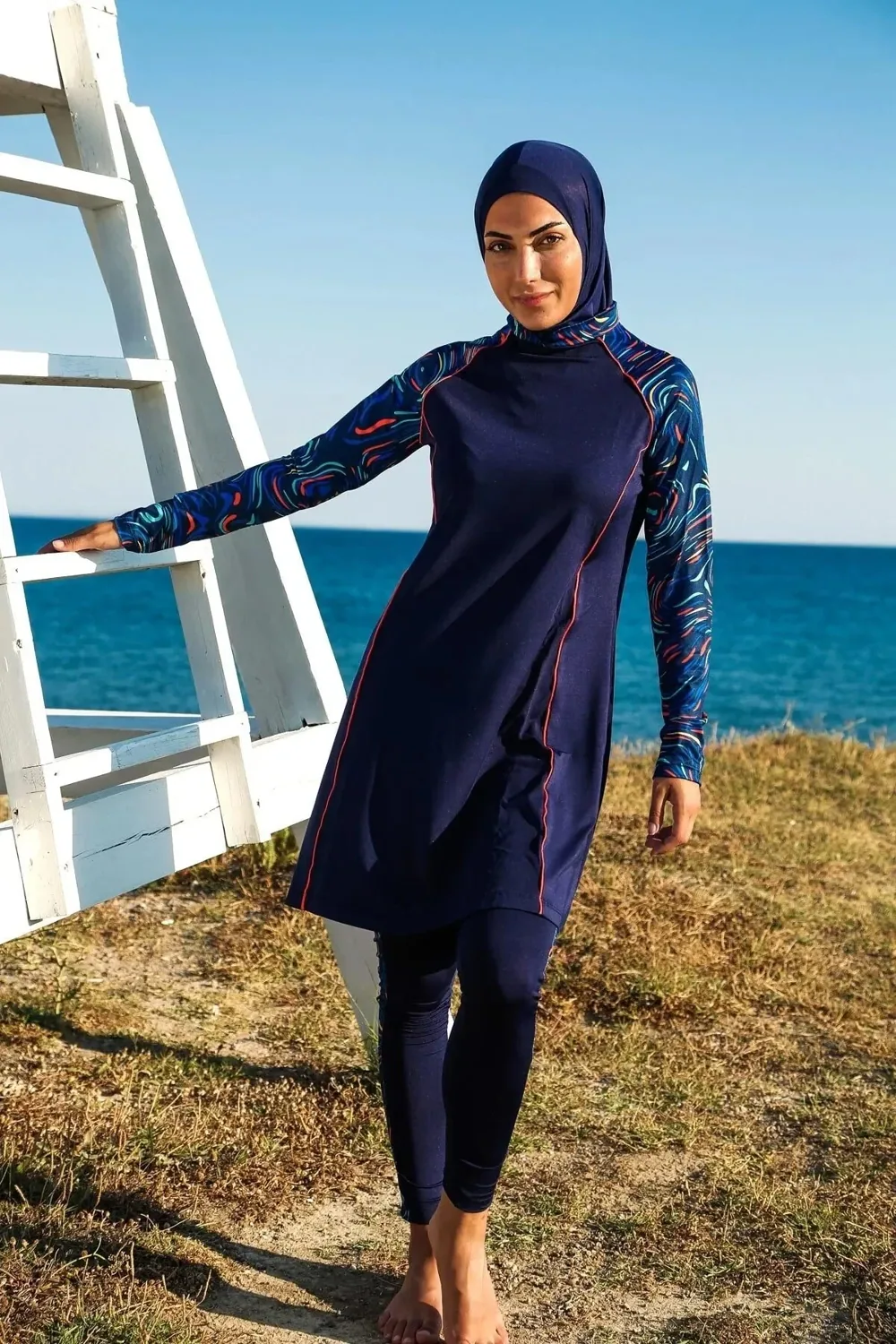 مايوه شرعي كامل كحلي مع بنطال وتونيك وإيشارب - صورة 4