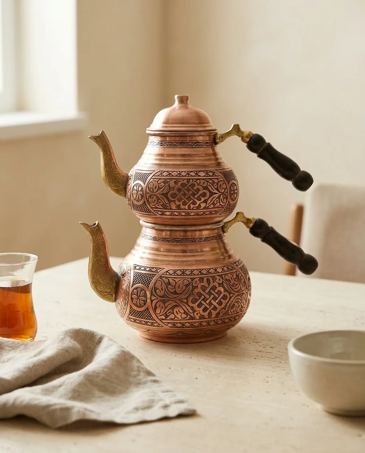 إبريق شاي تركي نحاس أحمر 3 لتر بنقش عقدة - صورة 2