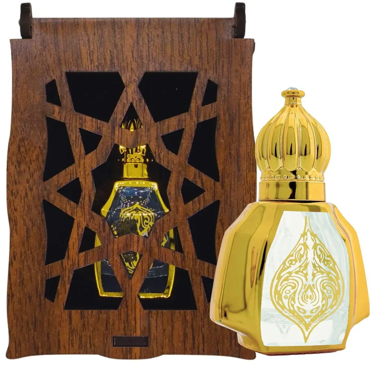 زيت عطر المسك الأبيض بدون كحول في قارورة على شكل قطرة بيضاء وذهبية 12 مل مع صندوق خشبي