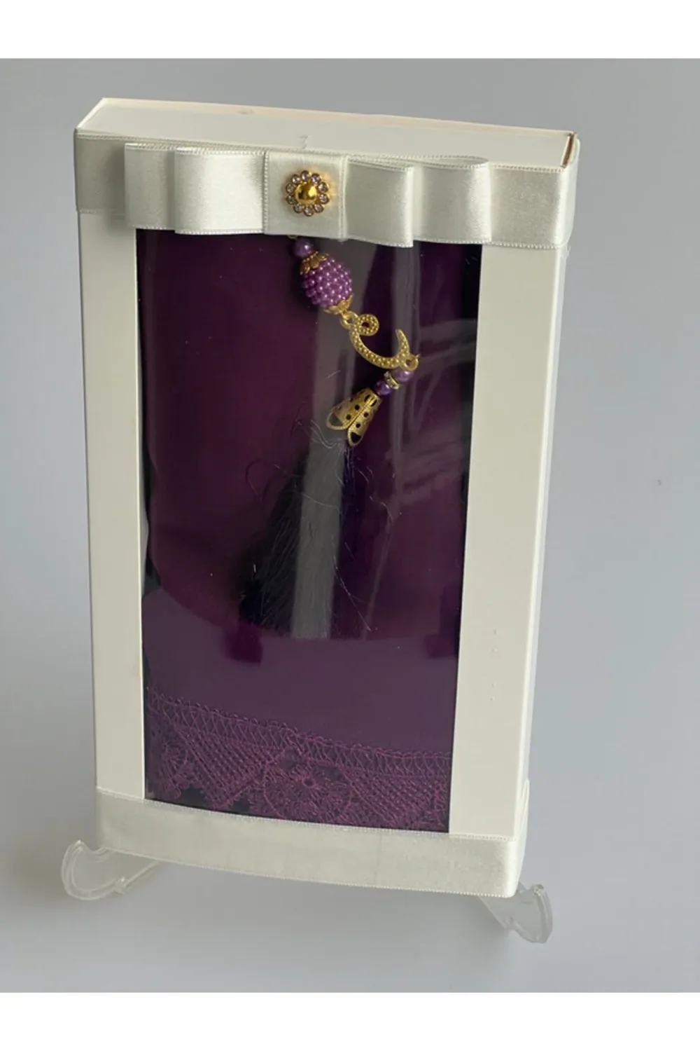 طرحة صلاة بنفسجية بحافة مخرمة وسبحة - صورة 2