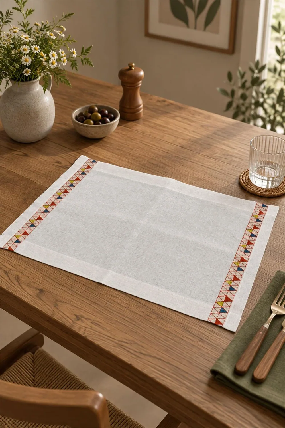مفرش طعام بمربعات مقاوم للبقع - كريمي - 30×50 سم
