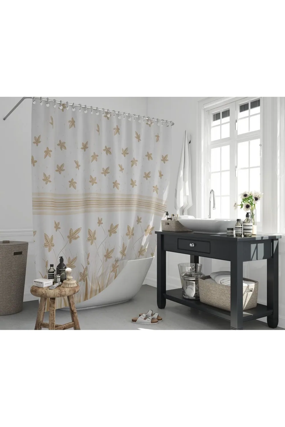 ستارة حمّام من بوليستر بنقشة أوراق 180×200 سم - بني - صورة 3