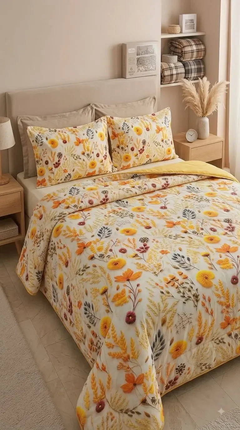 طقم نوم مزدوج لحاف ويلسوفت بوجهين بزهور صفراء