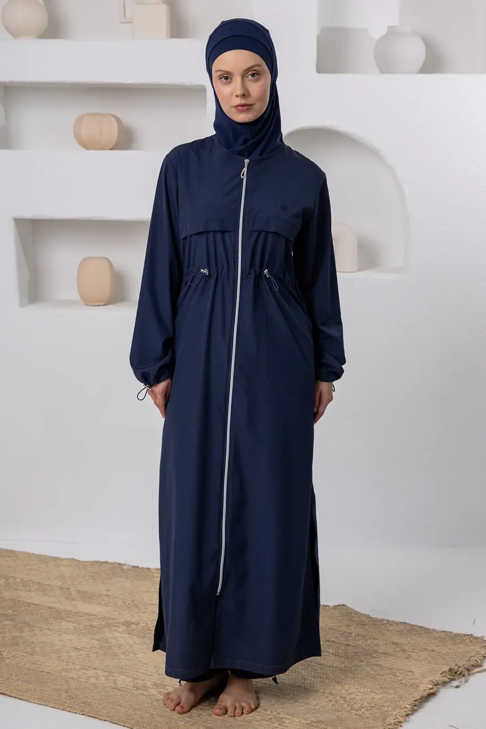 مايوه محتشم كحلي طويل بسحاب كامل وقبعة
