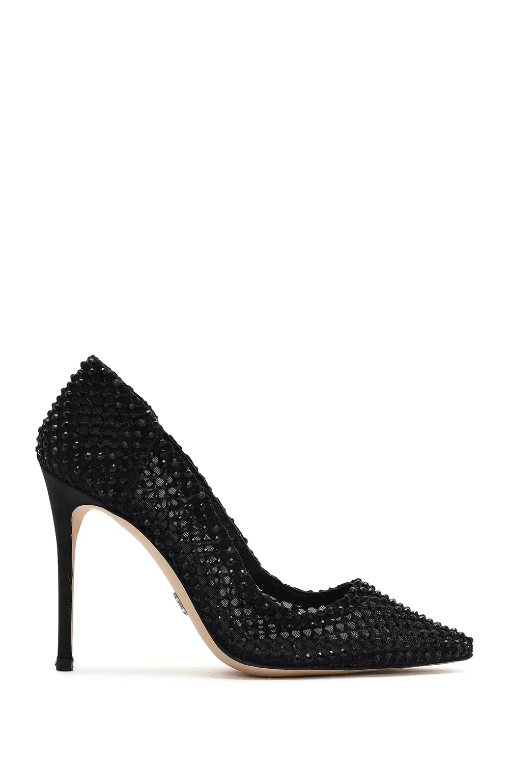 حذاء ستيليتو نسائي أسود مزين بالأحجار بكعب رفيع عالٍ